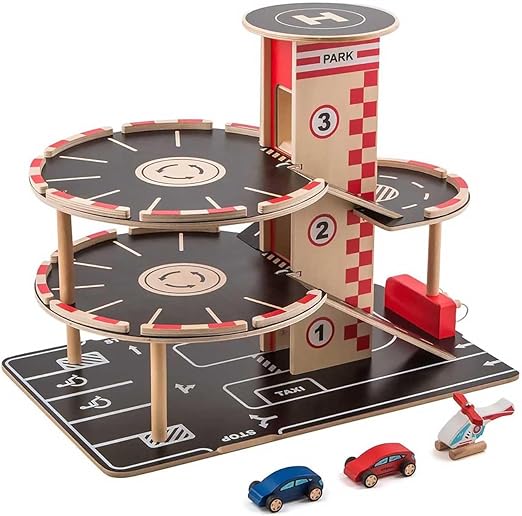 Sustainable Wood Toy Car, Toys For Kids, Hape “Park And Go” Garage Set With 4 Levels, 1 Lift, 2 Toy Cars, 1 Toy Helicopter. 3 years +