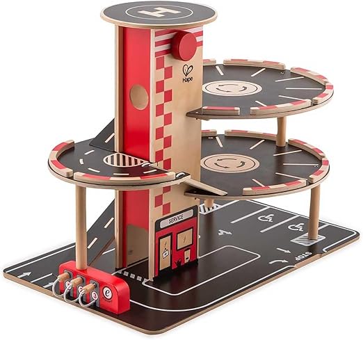 Sustainable Wood Toy Car, Toys For Kids, Hape “Park And Go” Garage Set With 4 Levels, 1 Lift, 2 Toy Cars, 1 Toy Helicopter. 3 years +