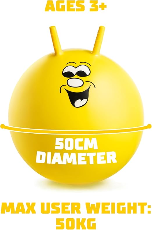 Jump N Bounce Kids Space Hopper, 20 Inch Retro Bouncing Ball with Easy Grip Handles, Outdoor or Indoor Exercise Toy for Ages 3+, Smiley Yellow Design