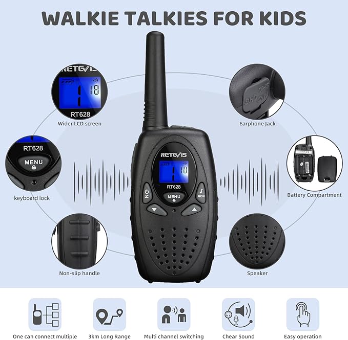 RT628 Walkie Talkies, Kids Toys for 6-12 Years Old, Easy to Use, PMR Walkie Talkies for Kids with VOX, 10 Call Tones, Gifts for Games, Skiing, Family Games, Indoor Activities