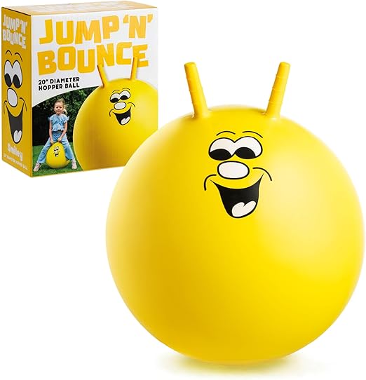 Jump N Bounce Kids Space Hopper, 20 Inch Retro Bouncing Ball with Easy Grip Handles, Outdoor or Indoor Exercise Toy for Ages 3+, Smiley Yellow Design