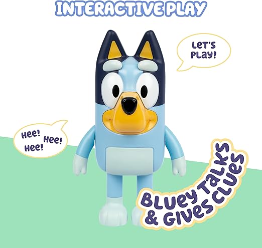 Moose Bluey Hide & Seek Game, Hide the figure and press her nose to start the built-in timer, talks and giggles to help kids find her, When found, kids can Dance To Theme Song