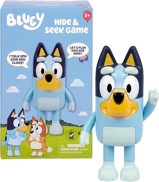 Moose Bluey Hide & Seek Game, Hide the figure and press her nose to start the built-in timer, talks and giggles to help kids find her, When found, kids can Dance To Theme Song