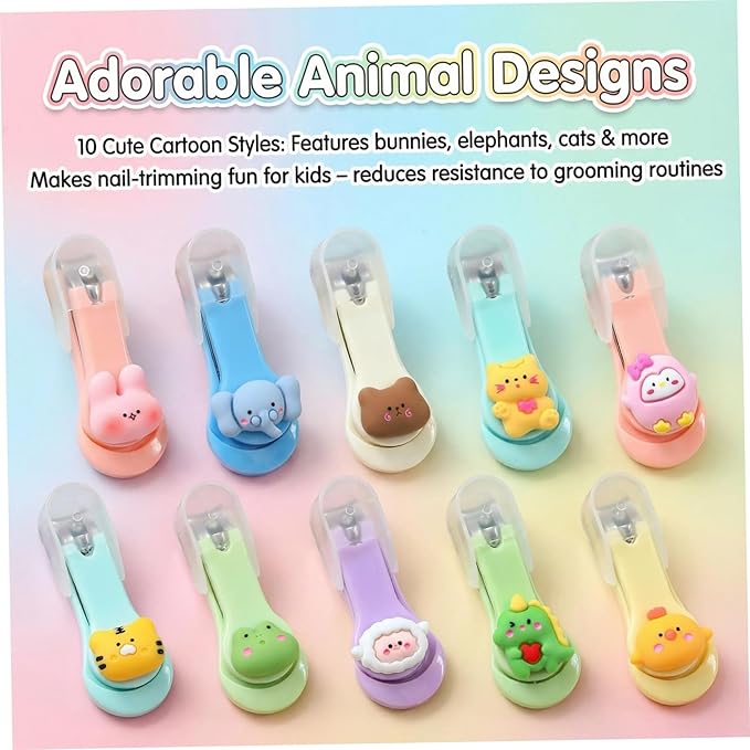 Nail Clippers for Kids, 10Pcs Cartoon Animal Cute Kids Nail Clippers with Lids Stainless Steel Blade Manicure & Pedicure Kits for Women, Girls and Children