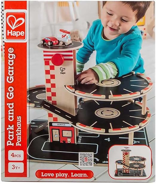 Sustainable Wood Toy Car, Toys For Kids, Hape “Park And Go” Garage Set With 4 Levels, 1 Lift, 2 Toy Cars, 1 Toy Helicopter. 3 years +