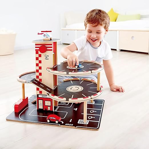 Sustainable Wood Toy Car, Toys For Kids, Hape “Park And Go” Garage Set With 4 Levels, 1 Lift, 2 Toy Cars, 1 Toy Helicopter. 3 years +