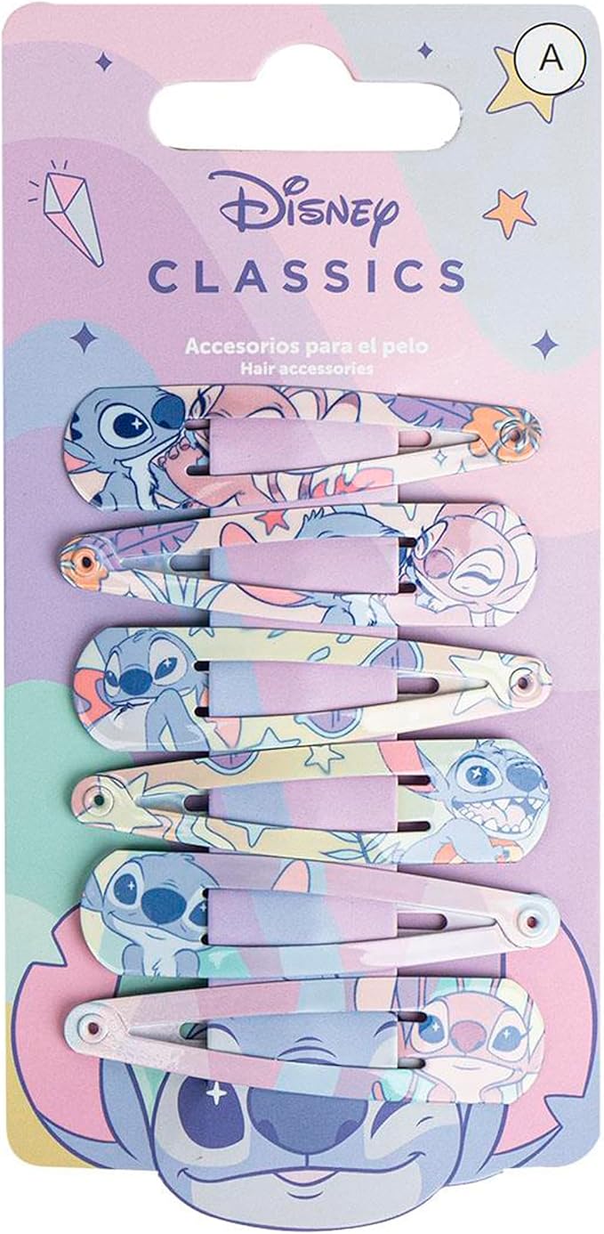 Disney Stitch Hair Snap Clips for Girls, 2 Inch Metal Non-Slip Clips with Stitch Print, Stylish Hair Accessories - 6 Hair Clips