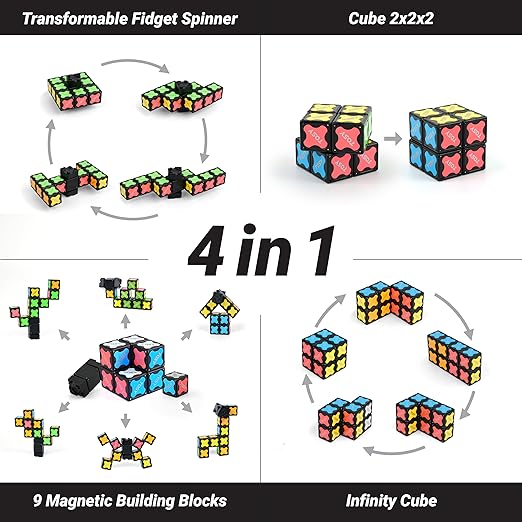 Magnet Fidget Spinner Mini - 8 blocks, 3 in 1 Toy: Transformable Fidget Spinner, Infinity Cube, 2x2 Puzzle Cube, Christmas Stocking Stuffers Gift for Kids/Adults, STEM Sensory Stress Relief Toy