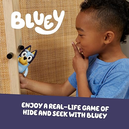 Moose Bluey Hide & Seek Game, Hide the figure and press her nose to start the built-in timer, talks and giggles to help kids find her, When found, kids can Dance To Theme Song