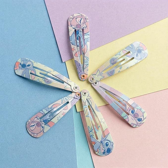 Disney Stitch Hair Snap Clips for Girls, 2 Inch Metal Non-Slip Clips with Stitch Print, Stylish Hair Accessories - 6 Hair Clips