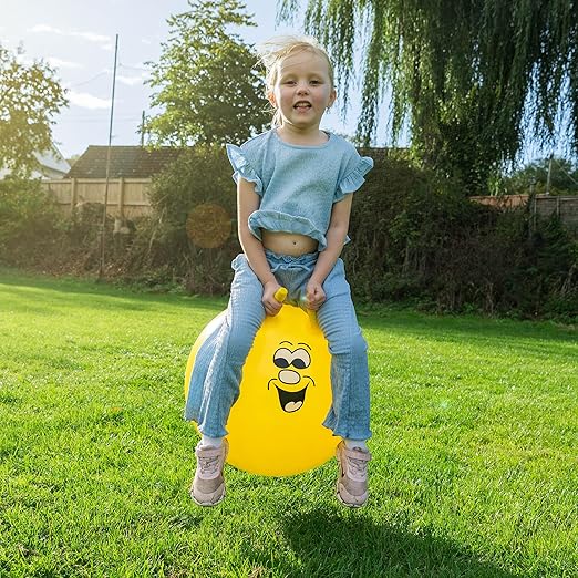 Jump N Bounce Kids Space Hopper, 20 Inch Retro Bouncing Ball with Easy Grip Handles, Outdoor or Indoor Exercise Toy for Ages 3+, Smiley Yellow Design